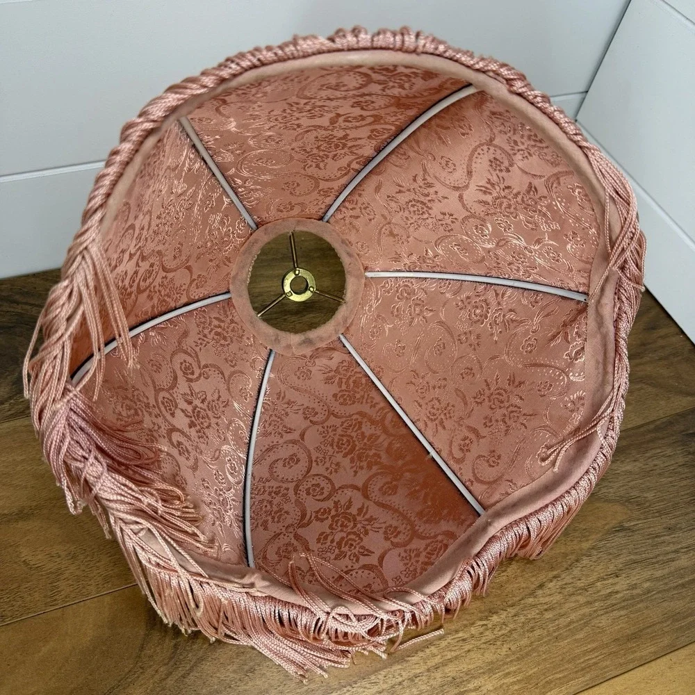 Vtg Victorian Fringed Lamp Shade Only Art Nouveau Brocade‎ Panels Scalloped Edge